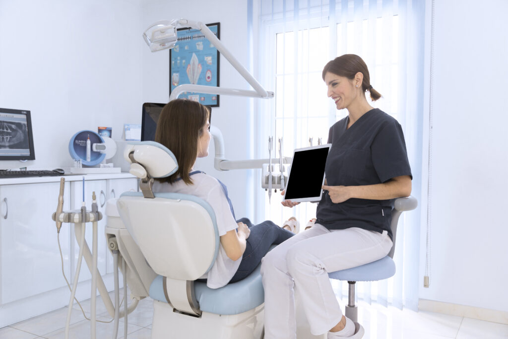 Dental services promotional image showing dental chair and patient