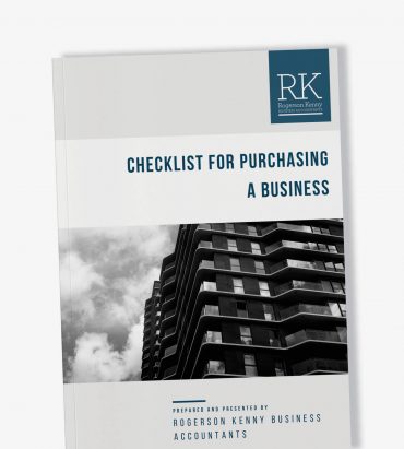 Cover of a document titled "Checklist for Purchasing a Business" by Melbourne Accounting Firm, Rogerson Kenny Business Accountants. It features a grayscale image of a modern, multi-story building with balconies against a cloudy sky. The RK logo is displayed at the top right.