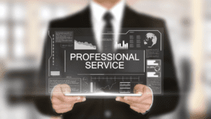 A person in a suit holds a tablet displaying a hologram with the text "PROFESSIONAL SERVICE" surrounded by various data charts, graphs, and global icons. The blurred office background suggests a modern and professional business environment where SMSF Accountants deliver their expertise.