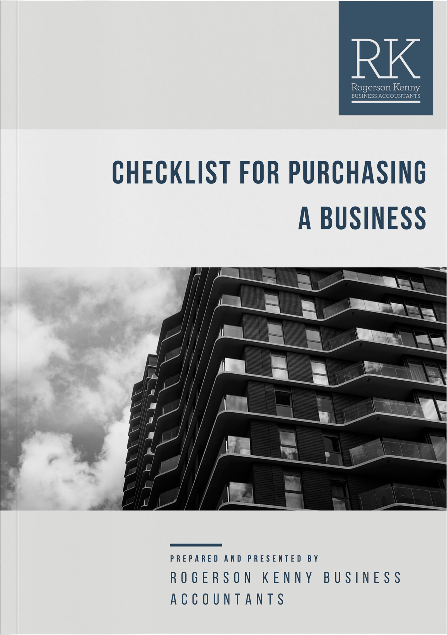 The cover of a guidebook titled "Checklist for Purchasing a Business" by Rogerson Kenny Business Advisors features a black-and-white photograph of a modern high-rise building against a cloudy sky. The company's logo is at the top right corner.