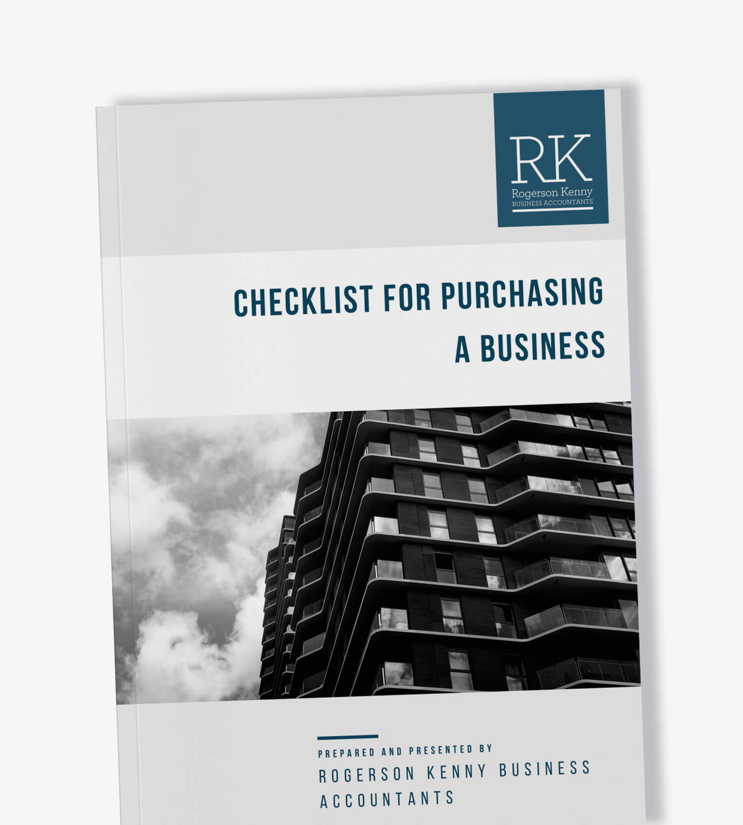 Cover of a document titled "Checklist for Purchasing a Business" by Melbourne Accounting Firm, Rogerson Kenny Business Accountants. It features a grayscale image of a modern, multi-story building with balconies against a cloudy sky. The RK logo is displayed at the top right.