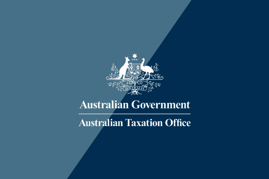 The image features the official logo of the Australian Taxation Office with the Australian Government coat of arms. The background is divided into two shades of blue. The text reads "Australian Government" above a line and "Australian Taxation Office" below it, ideal for SMSF Accountants seeking compliance visuals.