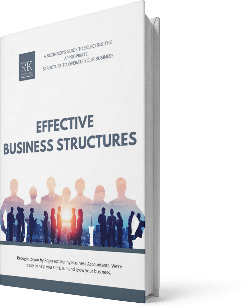 A book titled "Effective Business Structures" with silhouettes of business people and a city skyline on the cover. The subtitle states it is a guide to selecting business structures by Rogerson Kenny Business Accountants.
