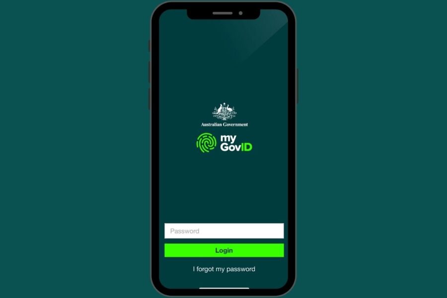 A smartphone screen displays the myGovID app login page by the Australian Government. The screen has fields for entering a password and buttons labeled "Login" and "I forgot my password." Ideal for a Tax Accountant or anyone seeking tax advice, the background is dark green.